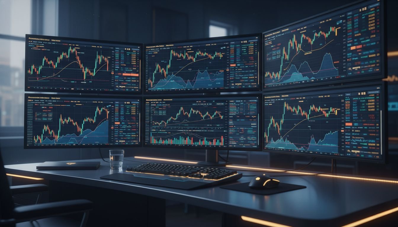 algorithmic forex trading workstation with multiple screens and automated trading system