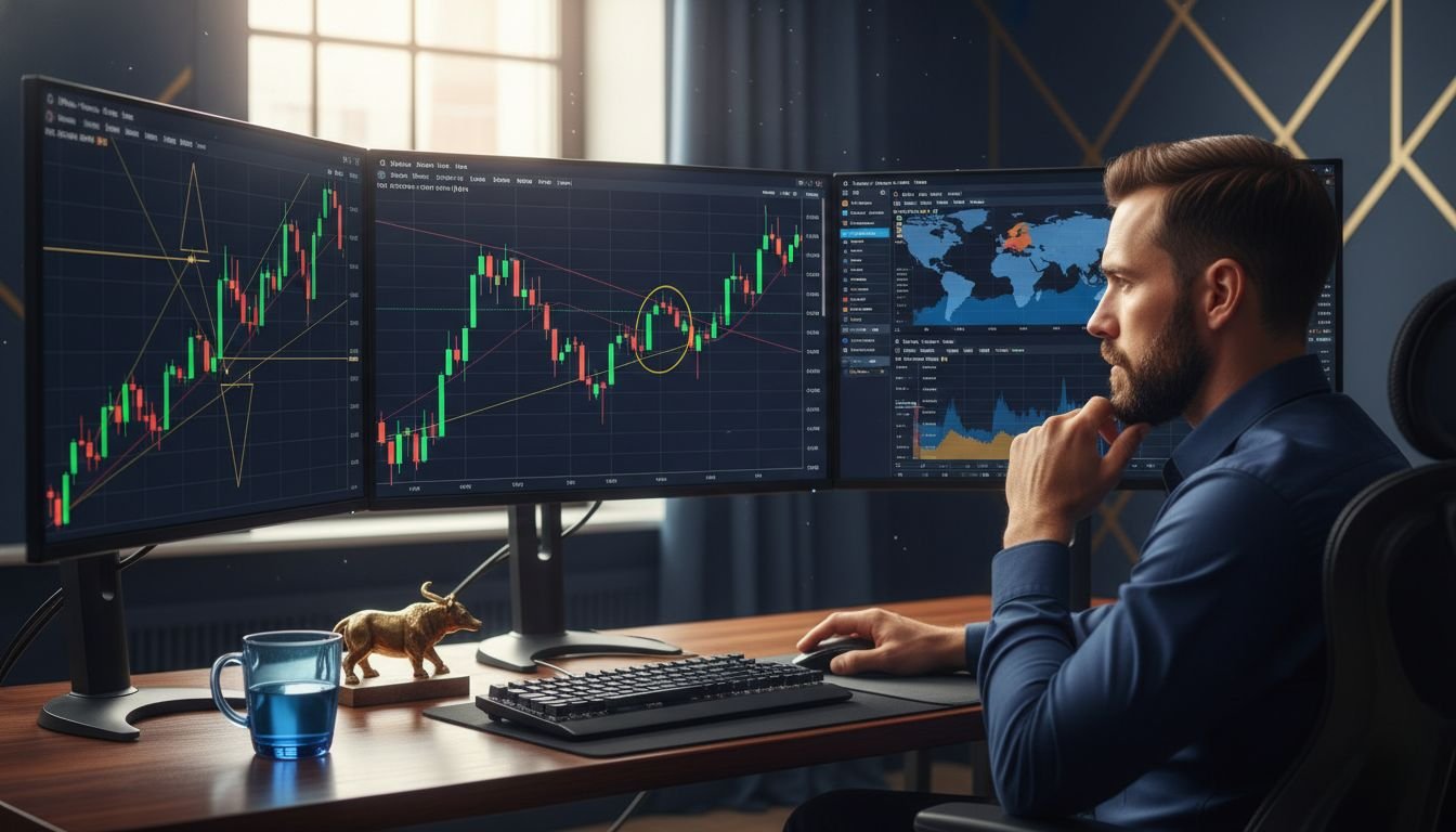Forex trader analyzing trend reversal signals on multiple screens with candlestick charts