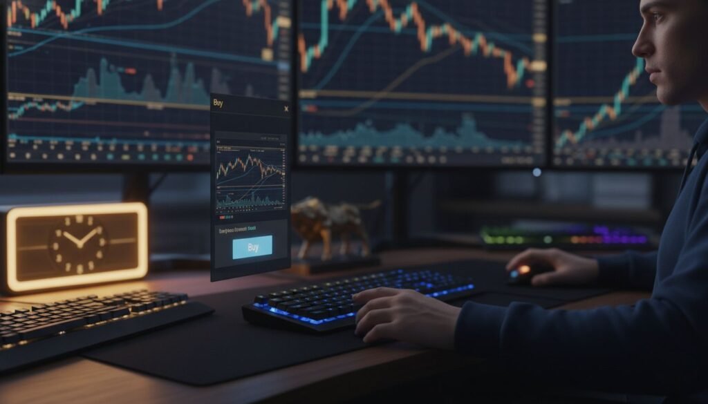 Man executing forex trade using VWAP signal on trading screens