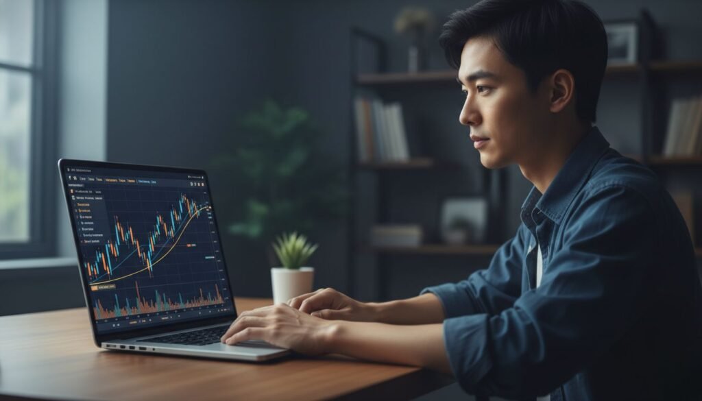 Beginner trader learning VWAP forex indicator on laptop