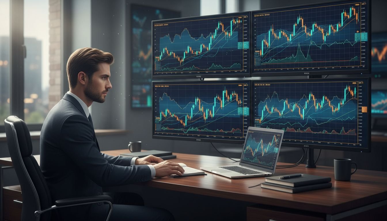 Professional forex trader working at a desk with charts and trading tools
